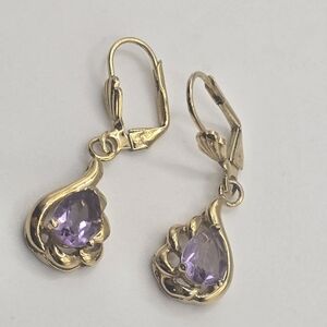 18K Yellow Gold Filled Amethyst Teardrop CZ Hoop Dangle Earrings